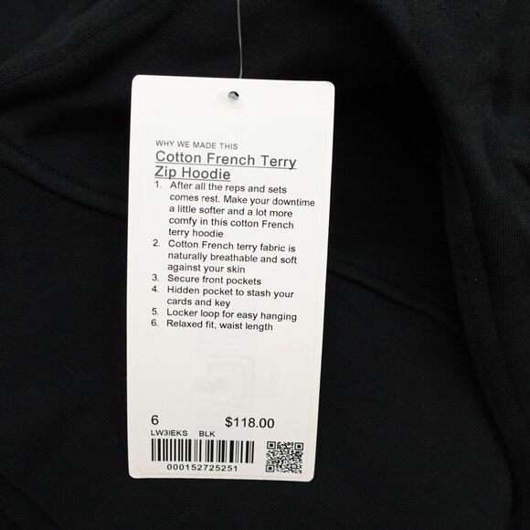 New Lululemon Cotton French Terry Zip Hoodie Black Womens Size 6 - Picture 10 of 10